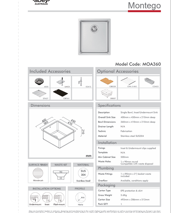 MONTEGO SINGLE BOWL 400 X 450 + ACC