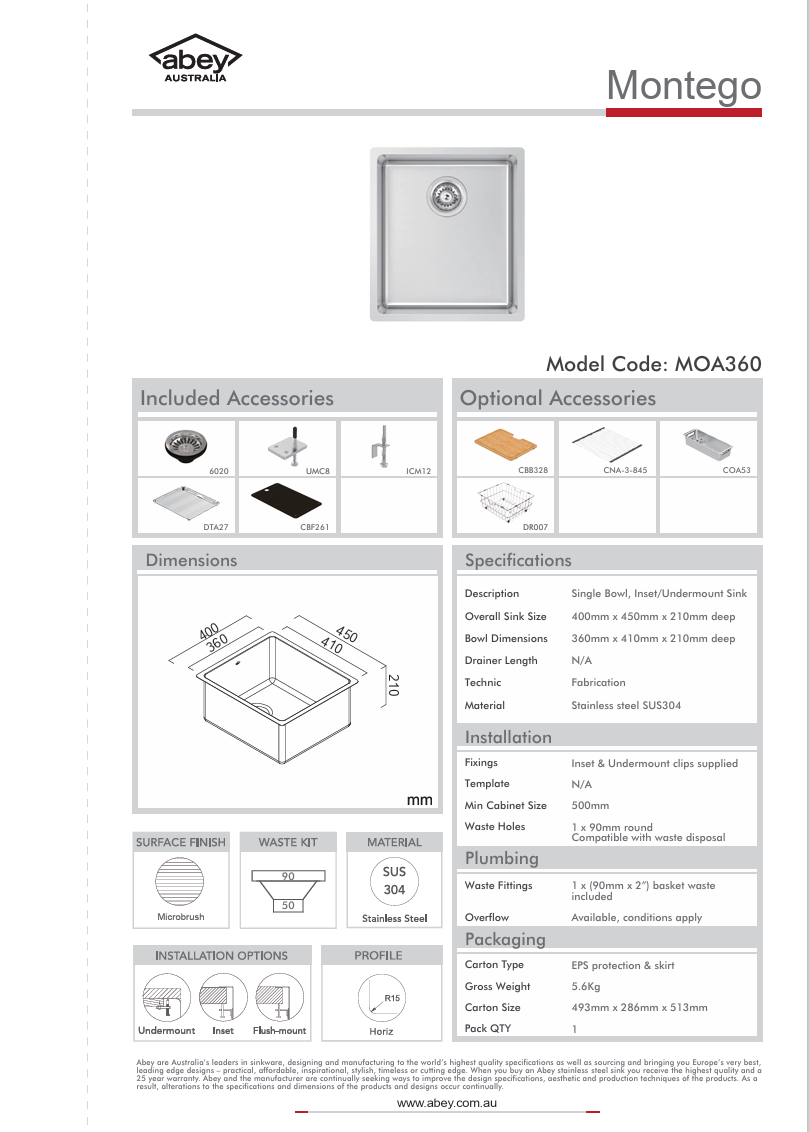MONTEGO SINGLE BOWL 400 X 450 + ACC