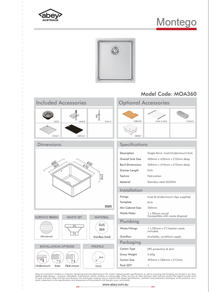 MONTEGO SINGLE BOWL 400 X 450 + ACC