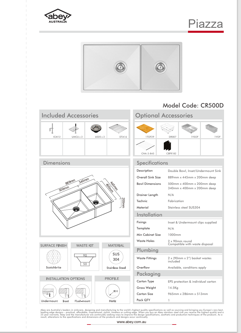 PIAZZA DOUBLE BOWL 888X445 + ACC