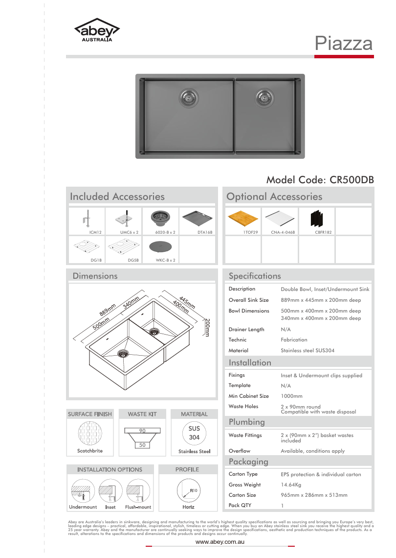 PIAZZA DOUBLE BOWL 889X445 + ACC - BLACK PEARL