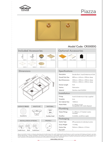 PIAZZA DOUBLE BOWL 889X445 + ACC - EUREKA GOLD