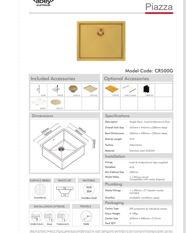 PIAZZA SGL BWL 545X445 + ACC - EUREKA GOLD