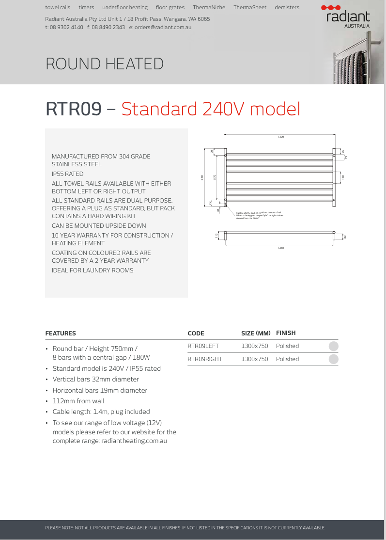 Polished 1300 x 750mm Rnd Heated Towel Rail LEFT