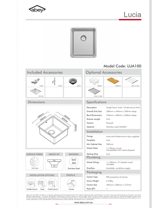 LUCIA SGL BOWL 340 X 400 SINK + DTA16