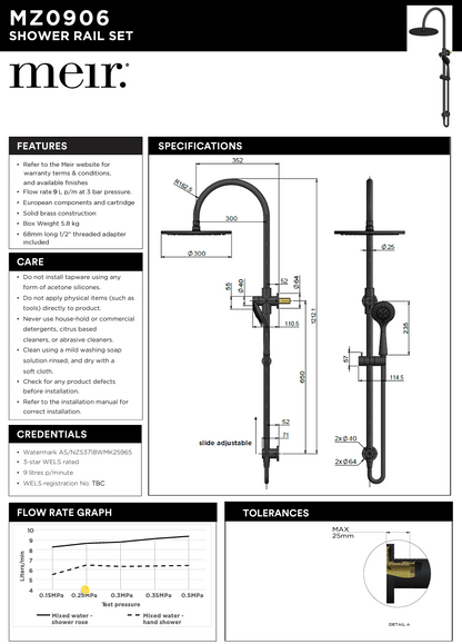 300mm Round Overhead Shower Rail, Three Function Hand Shower