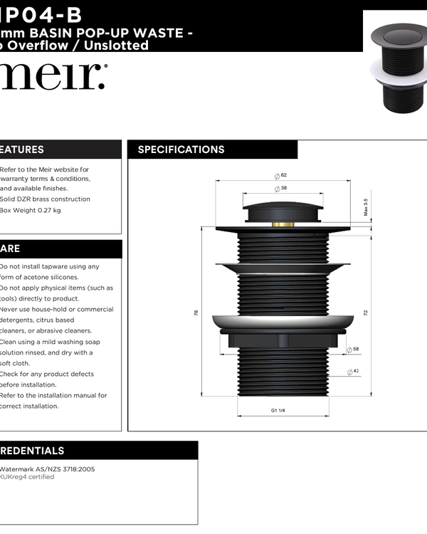 Basin Pop Up Waste 32mm - No Overflow / Unslotted