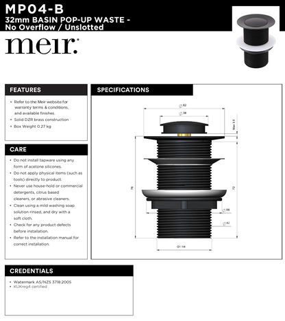 Basin Pop Up Waste 32mm - No Overflow / Unslotted