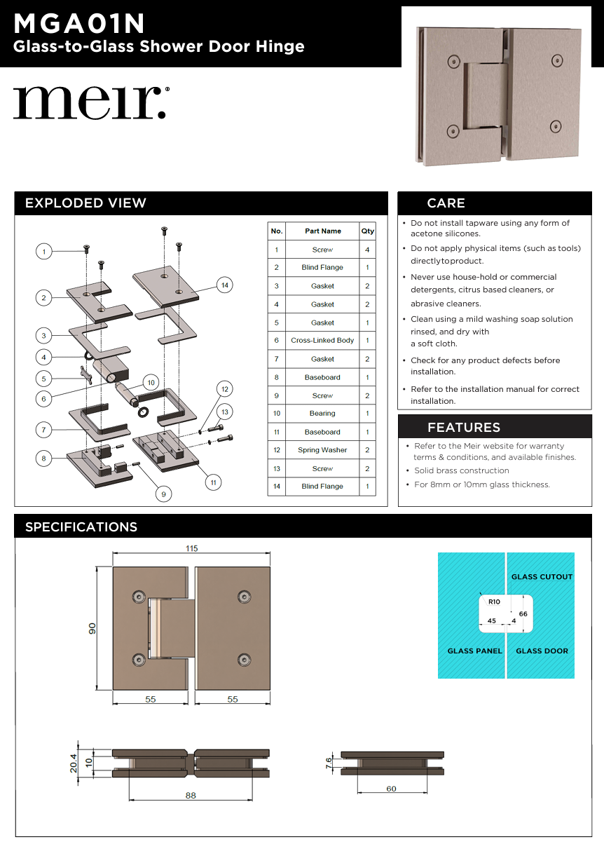 Glass to Glass Shower Door Hinge