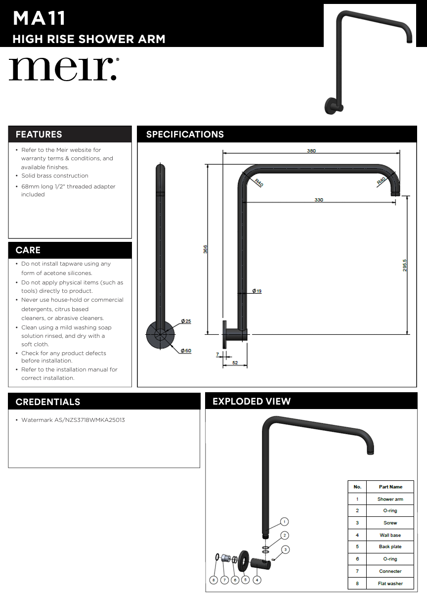 High Rise Shower Arm