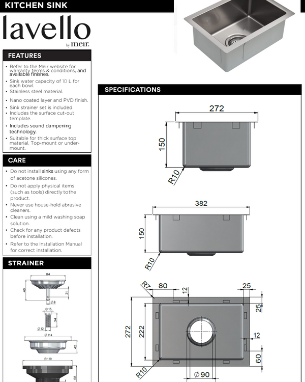 Bar Sink - Single Bowl 382 x 272