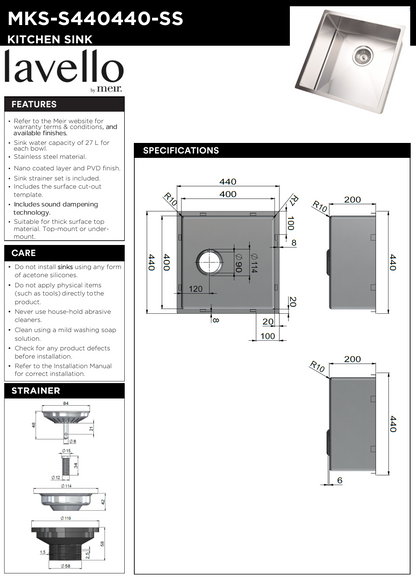 Kitchen Sink - Single Bowl 440 x 440 - SS304