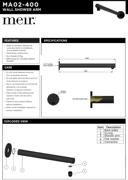 Round Wall Shower Arm 400mm