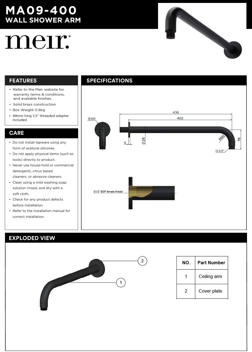 Round Wall Shower Curved Arm 400mm