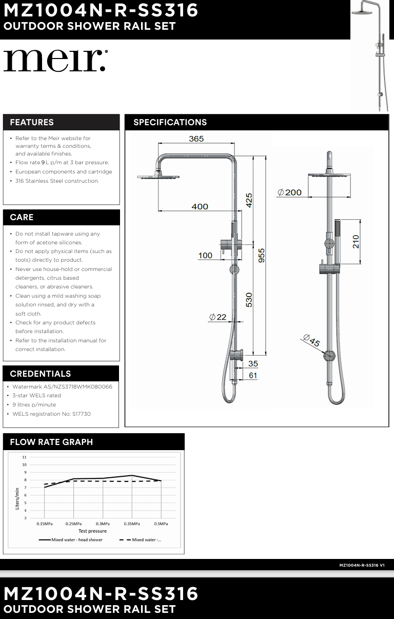 Outdoor Combination Shower Rail - SS316