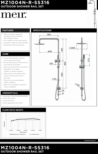 Outdoor Combination Shower Rail - SS316