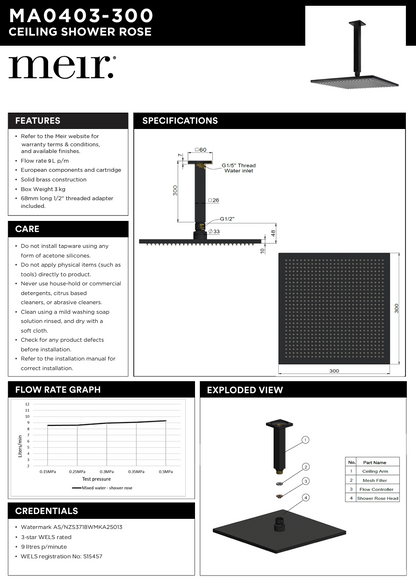 Square Ceiling Shower 300mm rose, 200mm dropper