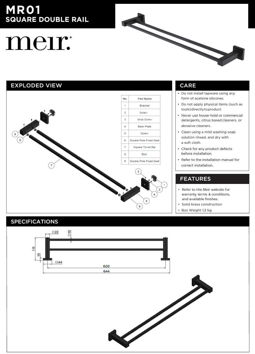 Square Double Towel Rail 600mm