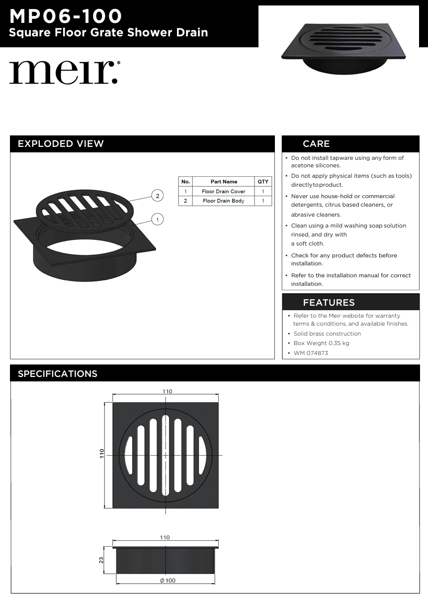 Square Floor Grate Shower Drain 100mm outlet