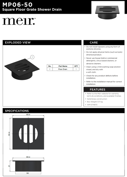 Square Floor Grate Shower Drain 50mm outlet