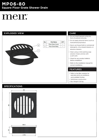 Square Floor Grate Shower Drain 80mm outlet