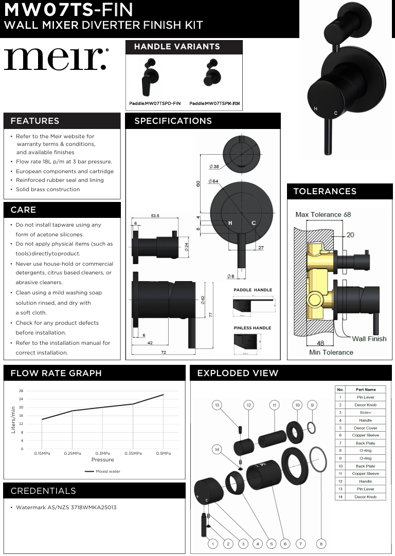 Round Diverter Mixer - Paddle Handle - Finish Kit