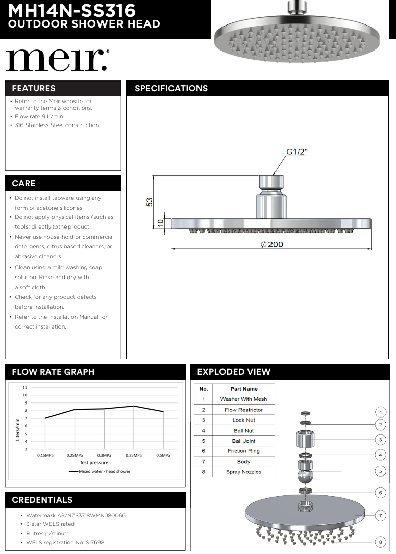 Outdoor Round Shower Rose 200mm - SS316