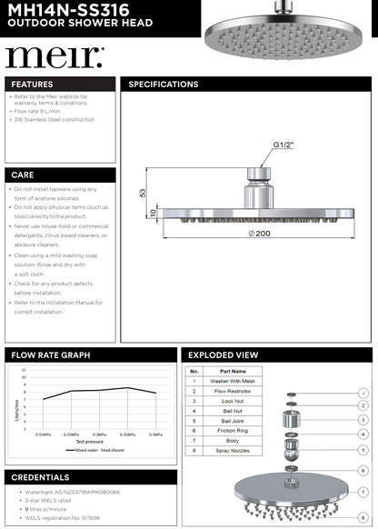 Outdoor Round Shower Rose 200mm - SS316