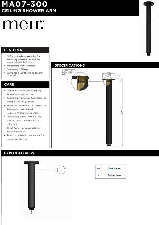 Round Ceiling Shower Arm 300mm