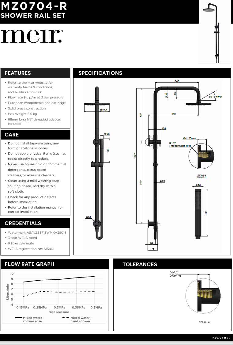 Round Combination Shower Rail 200mm Rose, Three Function Hand Shower