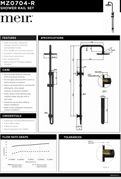 Round Combination Shower Rail 200mm Rose, Three Function Hand Shower