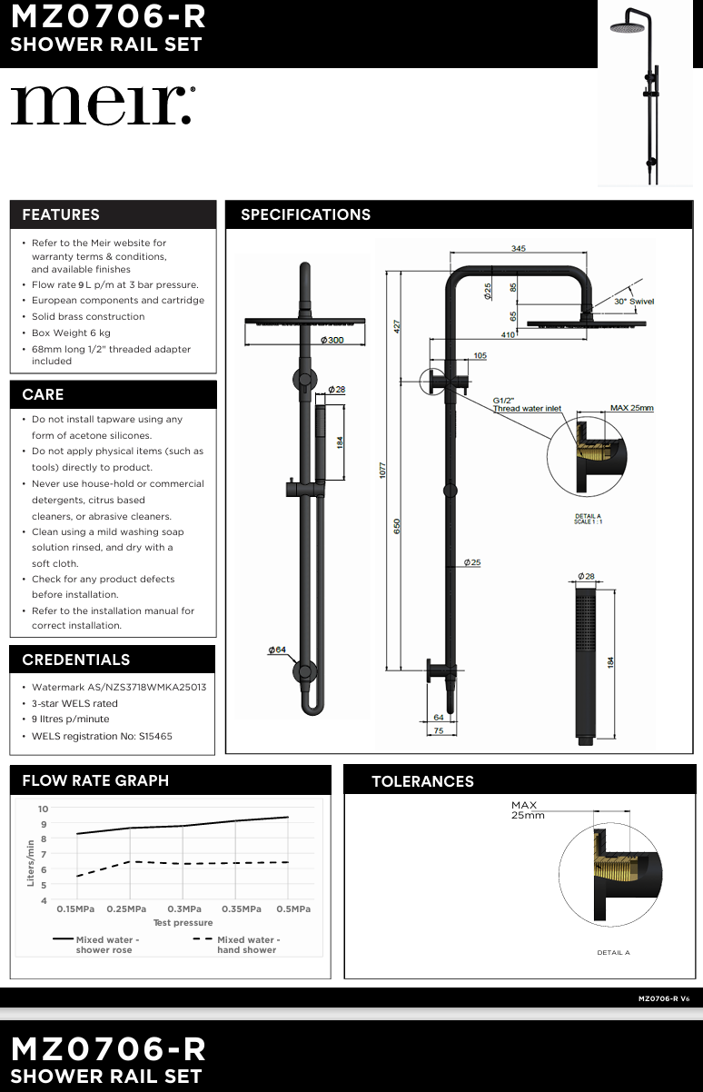 Round Combination Shower Rail 300mm Rose, Single Function Hand Shower