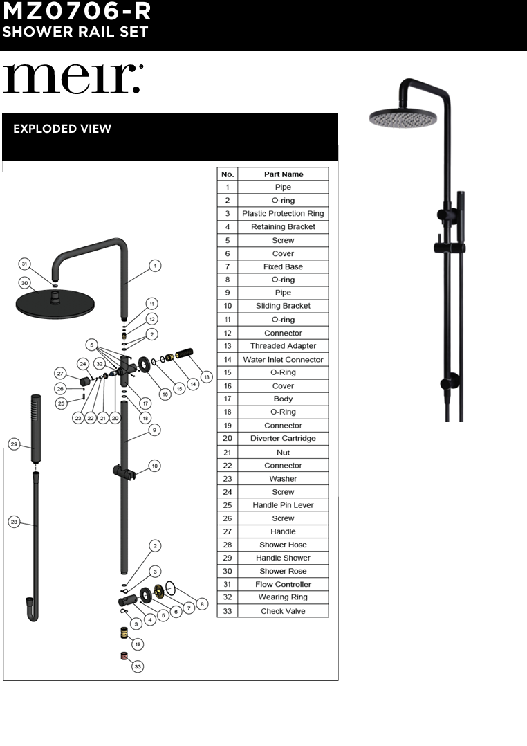 Round Combination Shower Rail 300mm Rose, Single Function Hand Shower