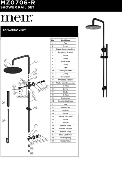 Round Combination Shower Rail 300mm Rose, Single Function Hand Shower