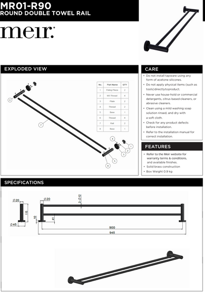 Round Double Towel Rail 900mm