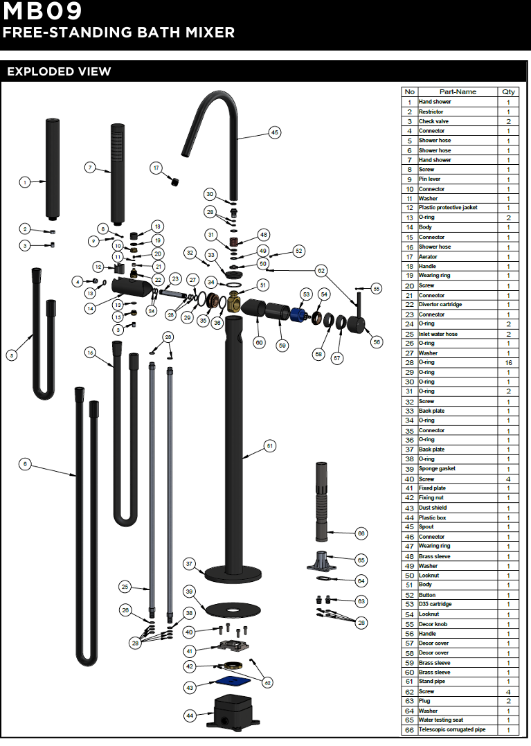 Round Freestanding Bath Spout and Hand Shower - Paddle Handle