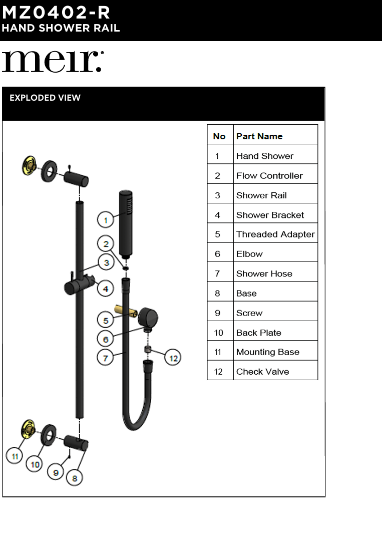 Round Hand Shower on Rail Column, Single Function Hand Shower