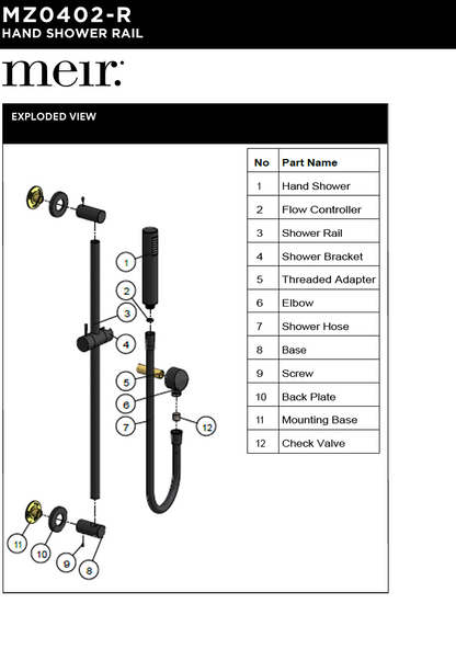 Round Hand Shower on Rail Column, Single Function Hand Shower