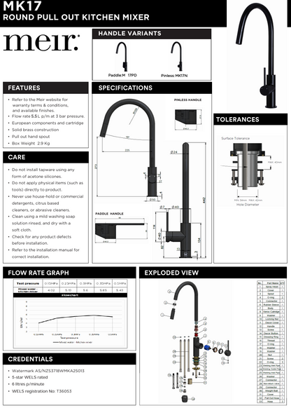 Round Piccola Pull Out Kitchen Mixer Tap - Pinless Handle