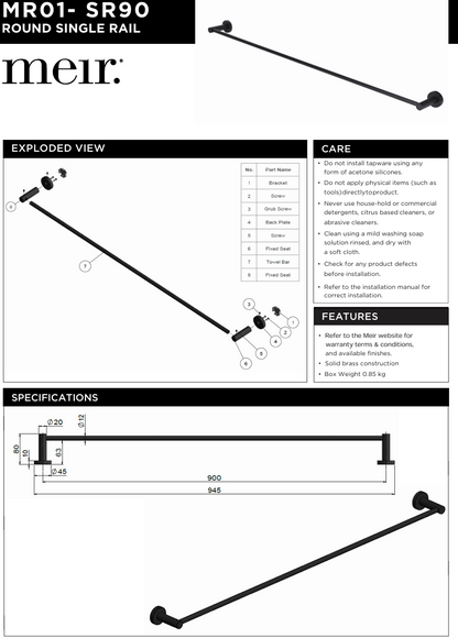 Round Single Towel Rail 900mm