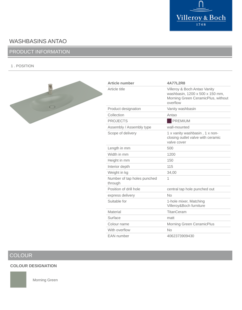 Antao 1200 Vanity Basin 1TH C+ Morning Green NO OF