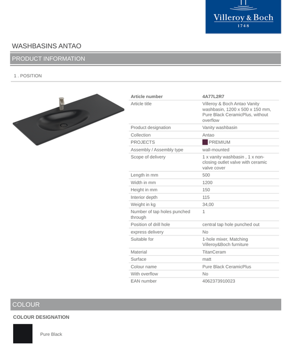 Antao 1200 Vanity Basin 1TH C+ Pure Black NO OF