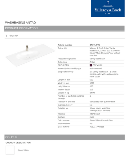 Antao 1200 Vanity Basin 1TH C+ Stone White NO OF