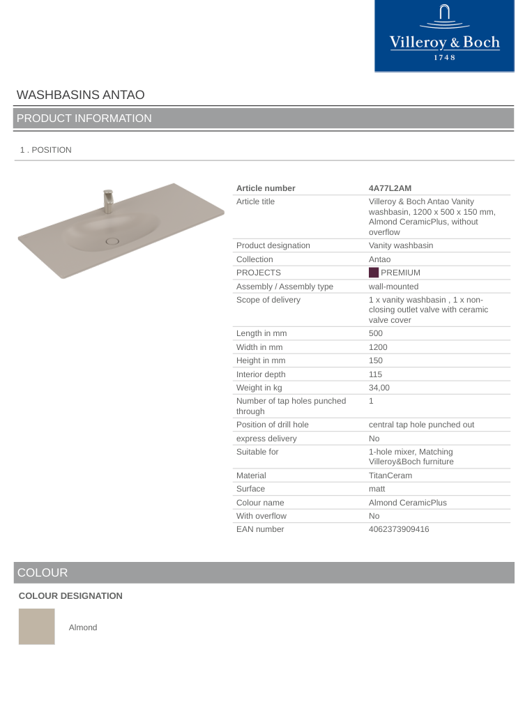 Antao 1200 Vanity Basin NO TH C+ Almond NO OF