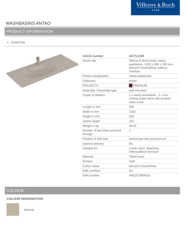 Antao 1200 Vanity Basin NO TH C+ Almond NO OF