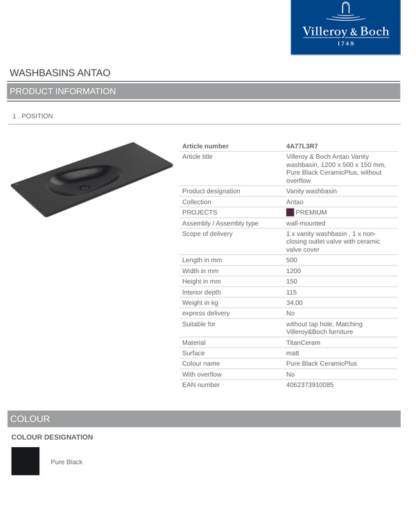 Antao 1200 Vanity Basin NO TH C+ Pure Black NO OF