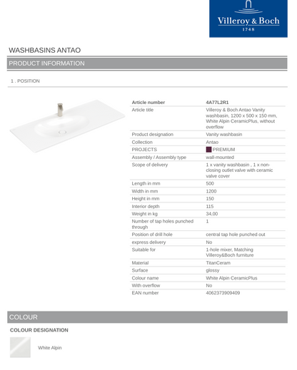Antao 1200 Vanity Basin 1TH C+ White NO OF