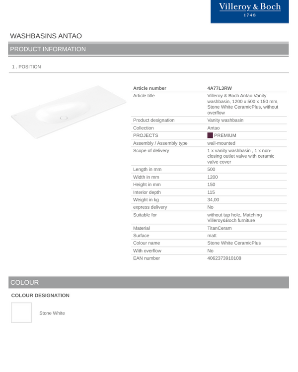 Antao 1200 Vanity Basin NO TH C+ Stone White NO OF