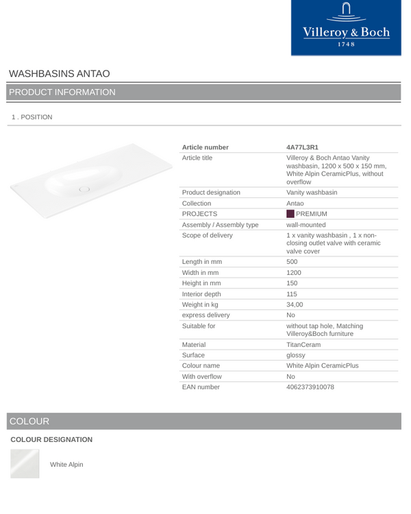 Antao 1200 Vanity Basin NO TH C+ White NO OF