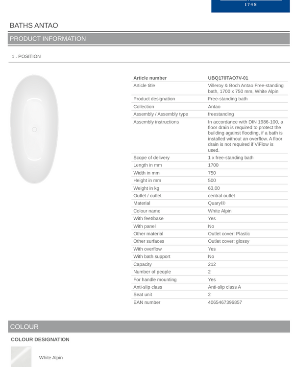 Antao 1700x750 Alpine White Free-standing Bath